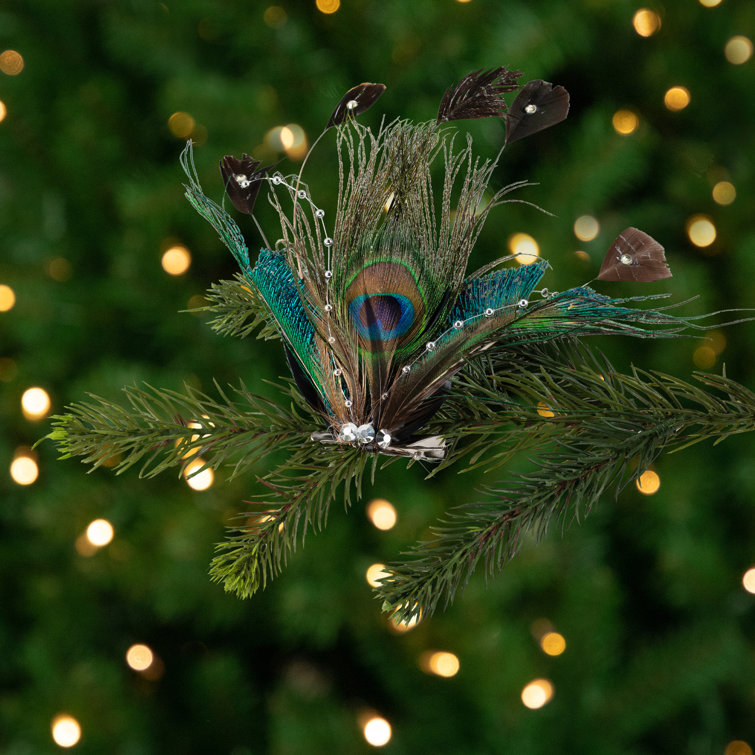 Peacock Feather Clip-On Ornament with Faux Crystals and Beads
