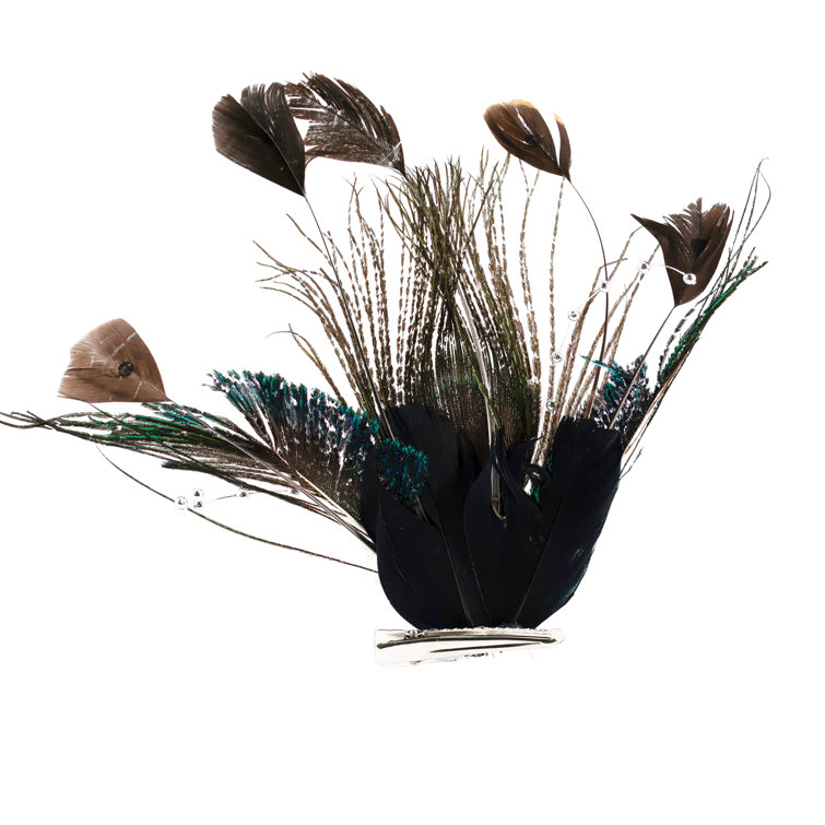 Peacock Feather Clip-On Ornament with Faux Crystals and Beads