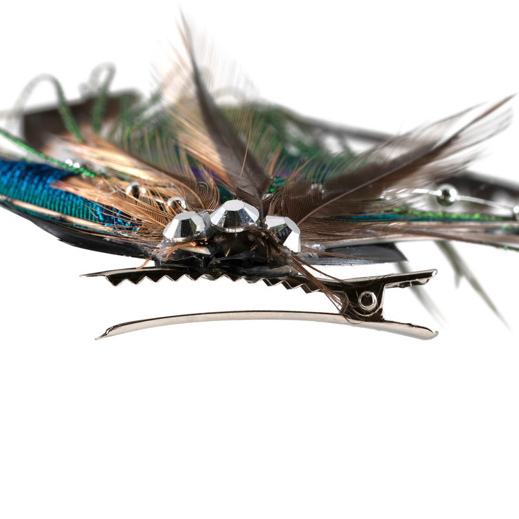 Peacock Feather Clip-On Ornament with Faux Crystals and Beads