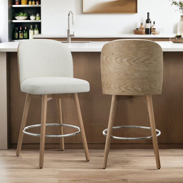 Cream Upholstered Swivel Bar Stools with Wood Legs, Set of 2