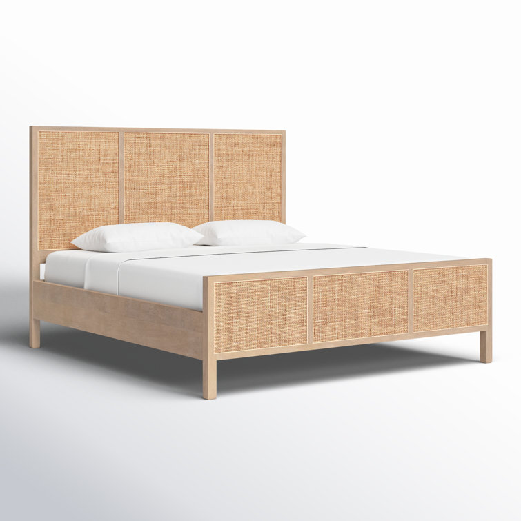 King-Sized Contemporary Brown Mango Wood & Cane Panel Bed