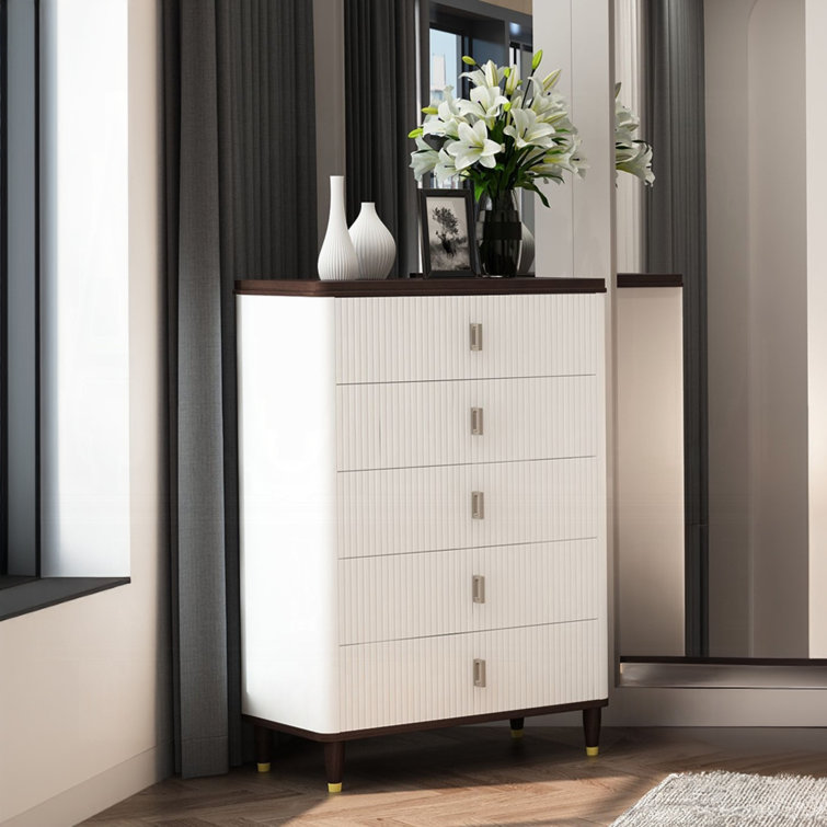 White and Brown Solid Wood Tall Dresser with Metal Accents