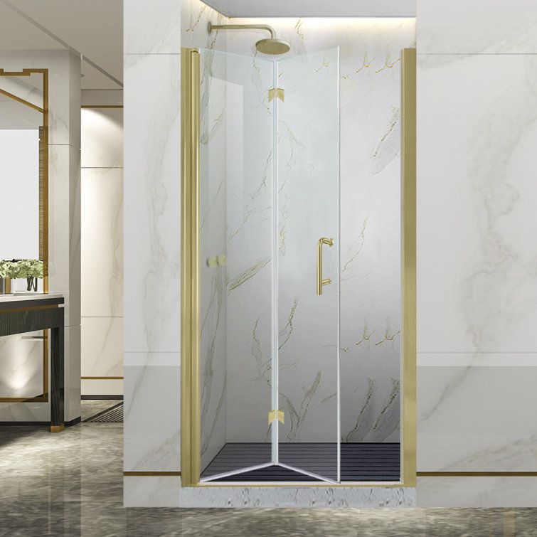 Brushed Gold Frameless Bi-Fold Shower Door with Clear Tempered Glass