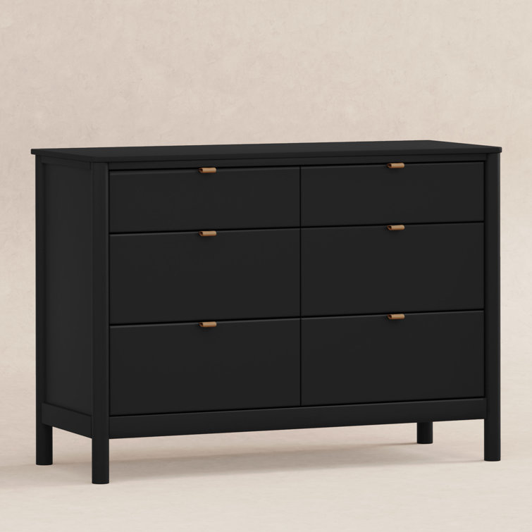 Black Pinewood 6-Drawer Dresser with Vegan Leather Pulls