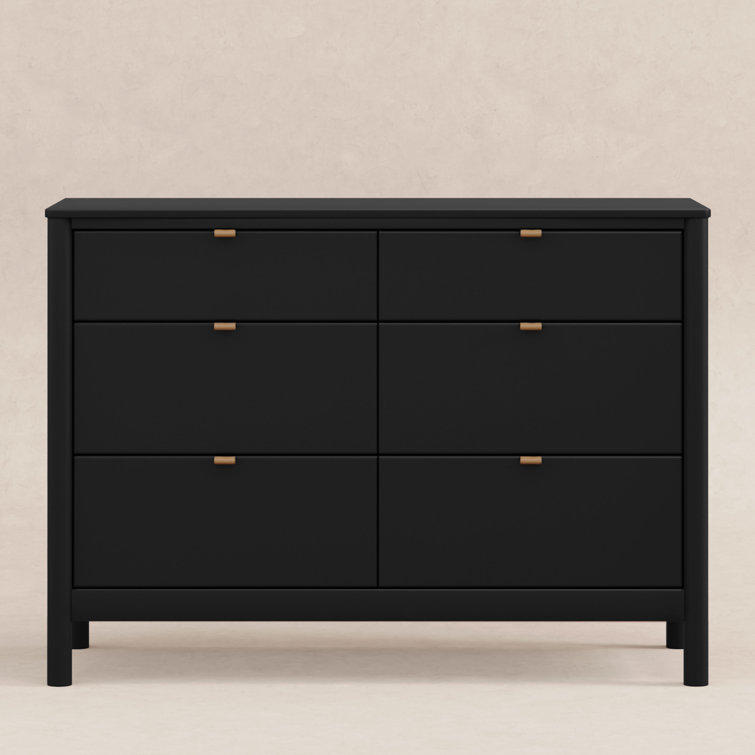 Black Pinewood 6-Drawer Dresser with Vegan Leather Pulls