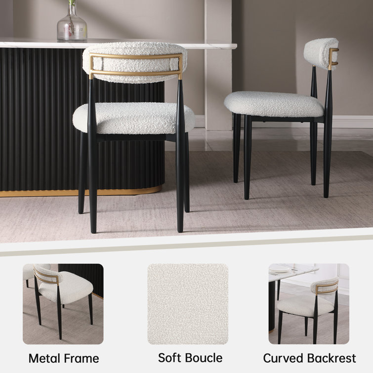 White Boucle Upholstered Side Chair with Black Metal Legs