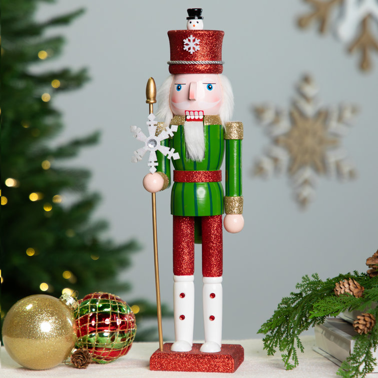 15" Red and Green Glittered Nutcracker with Snowflake Scepter