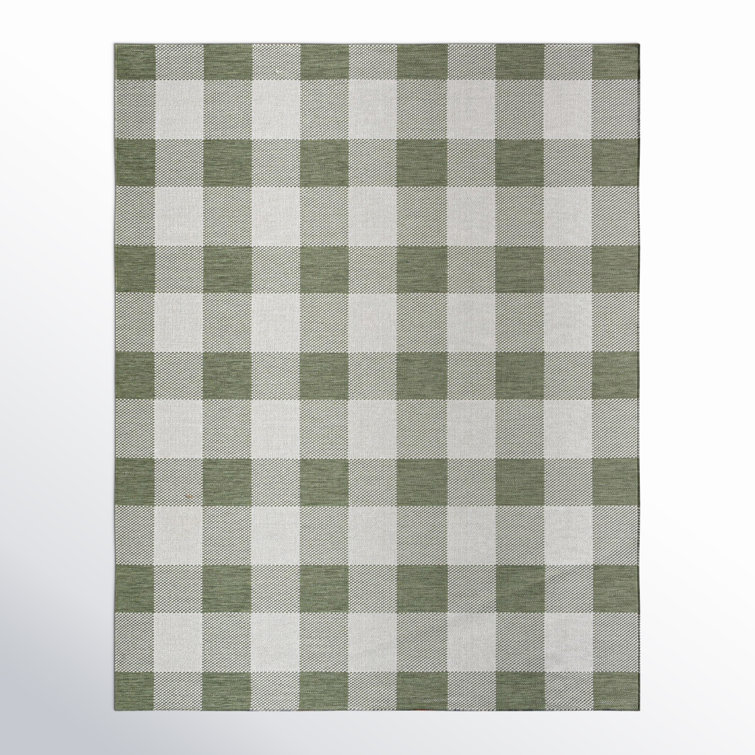 Large Green and White Synthetic Stain-Resistant Outdoor Rug
