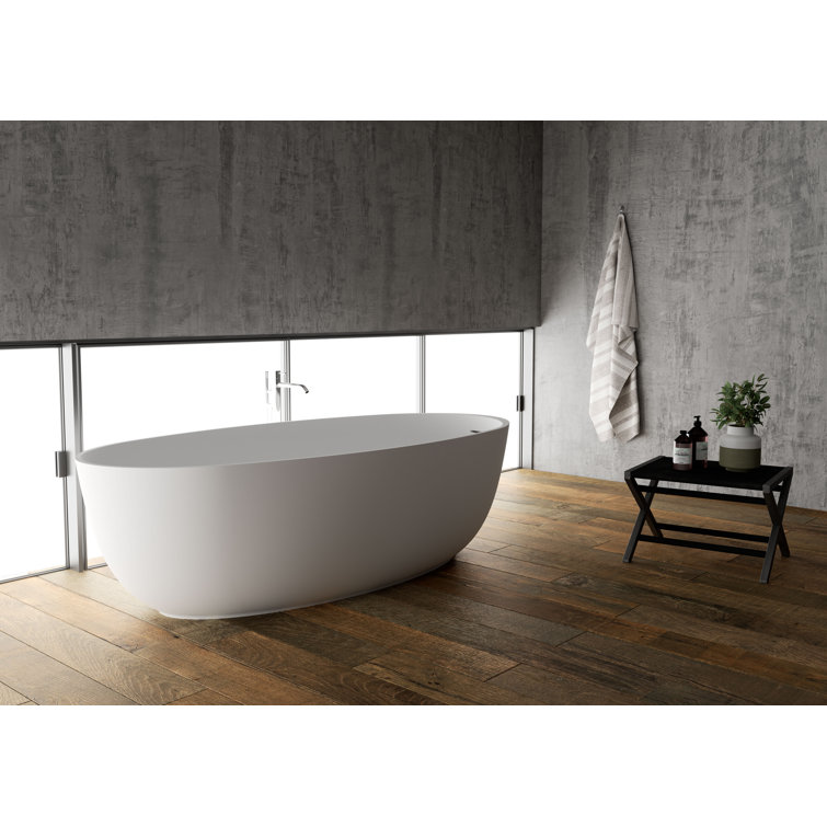 Matte White Oval Freestanding Solid Surface Bath Tub, 66-inch