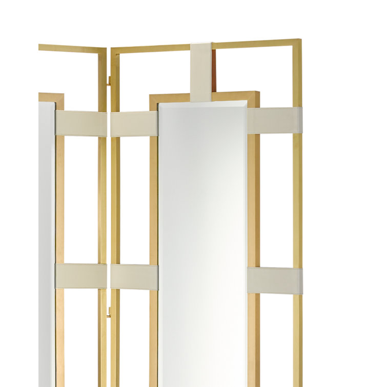 Camille 73'' Cream Leather and Brass Folding Room Divider