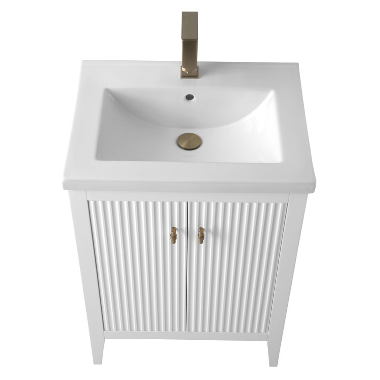 White and Gold Freestanding Single Bathroom Vanity with Ceramic Top