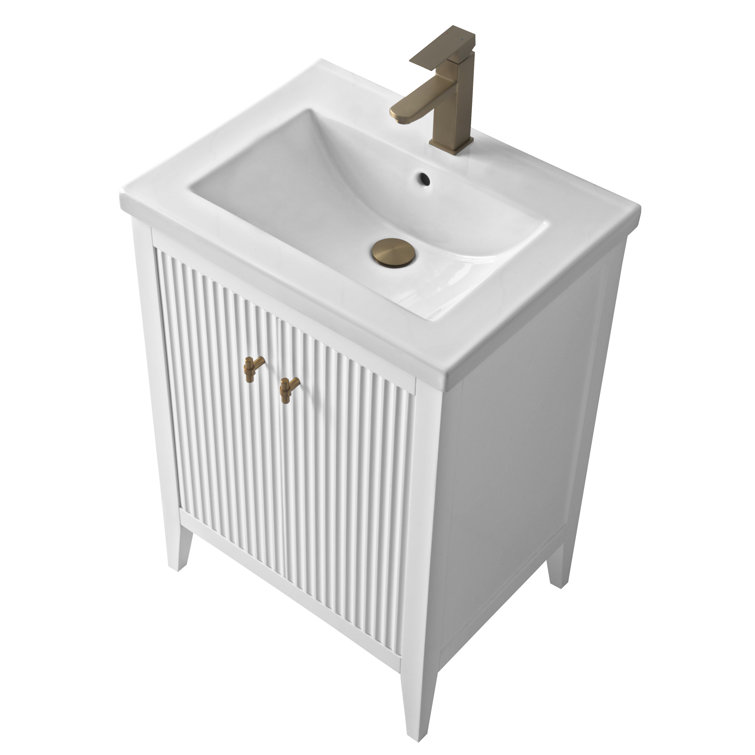 White and Gold Freestanding Single Bathroom Vanity with Ceramic Top