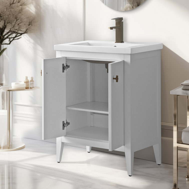 White and Gold Freestanding Single Bathroom Vanity with Ceramic Top