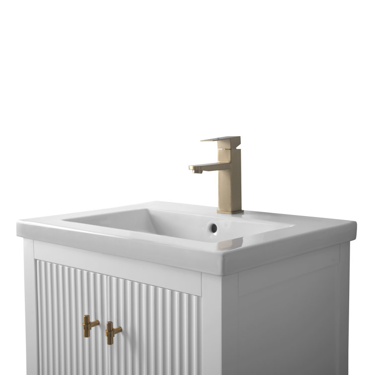 White and Gold Freestanding Single Bathroom Vanity with Ceramic Top