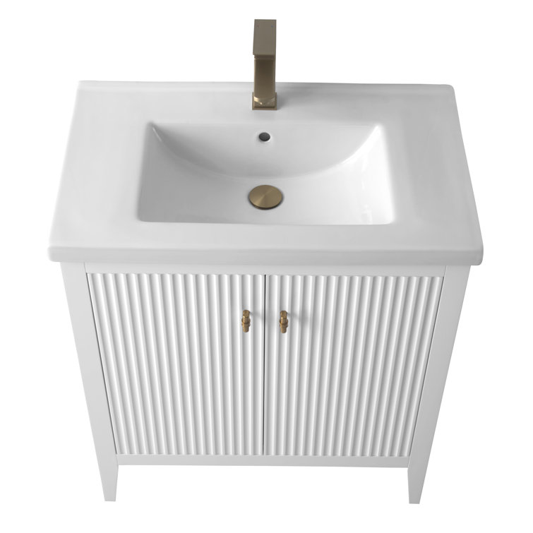 30" White Solid Wood Freestanding Bathroom Vanity with Ceramic Top