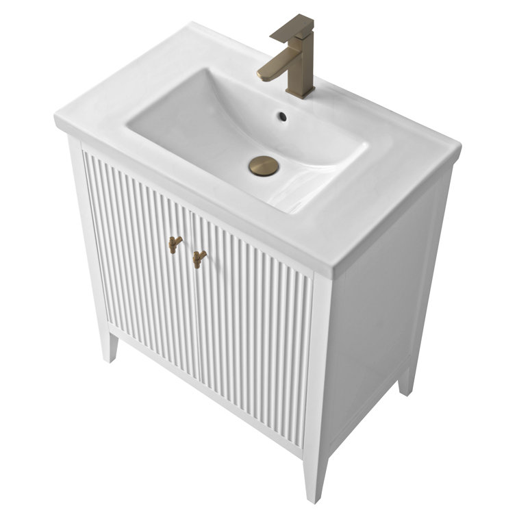 30" White Solid Wood Freestanding Bathroom Vanity with Ceramic Top