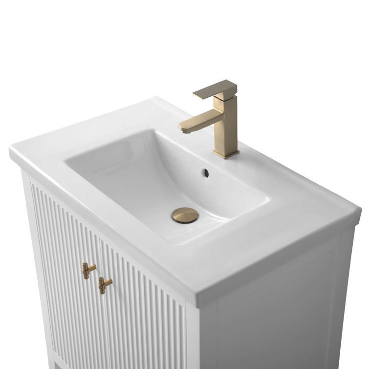 30" White Solid Wood Freestanding Bathroom Vanity with Ceramic Top
