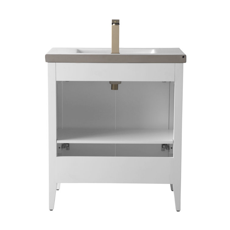 30" White Solid Wood Freestanding Bathroom Vanity with Ceramic Top