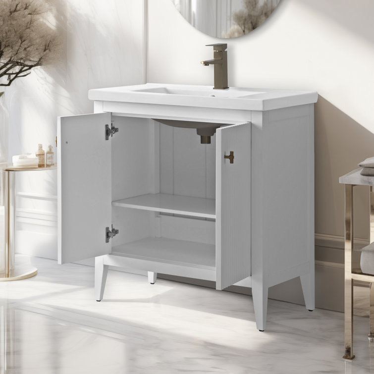 30" White Solid Wood Freestanding Bathroom Vanity with Ceramic Top