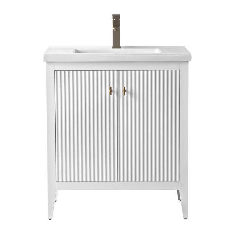 30" White Solid Wood Freestanding Bathroom Vanity with Ceramic Top