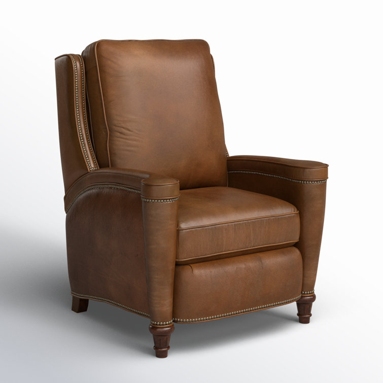 Handcrafted Beige Leather and Wood Traditional Recliner