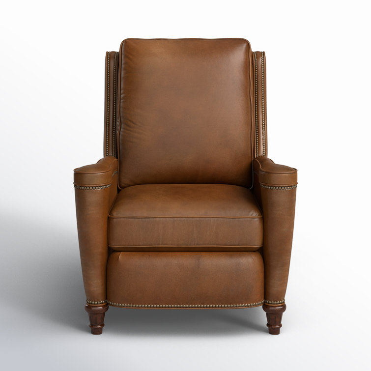 Handcrafted Beige Leather and Wood Traditional Recliner