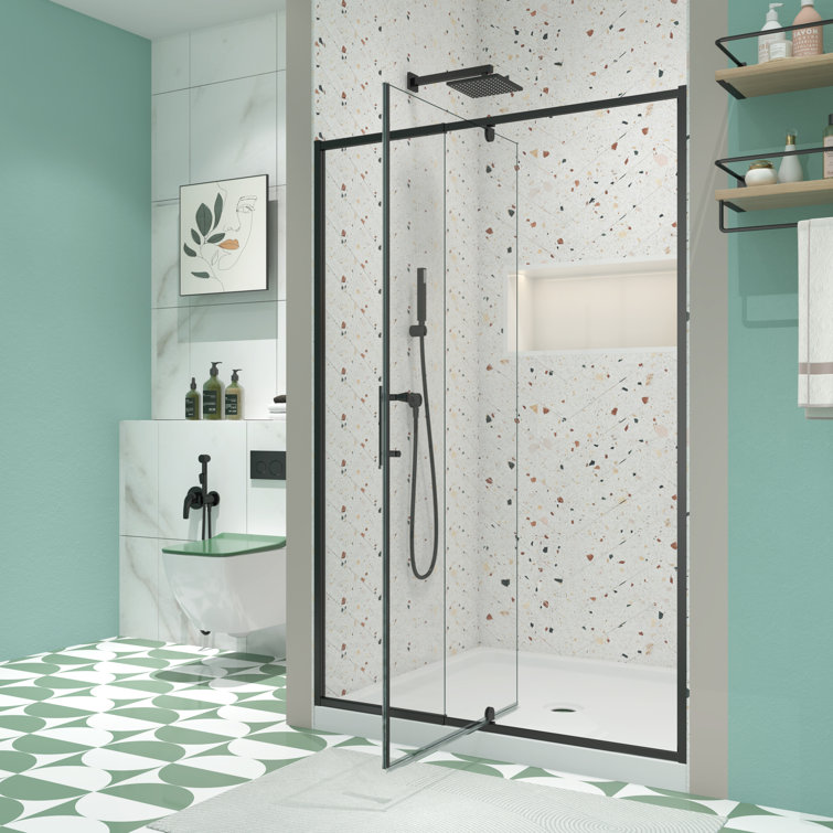 Black Framed Pivot Shower Door with Clear Glass