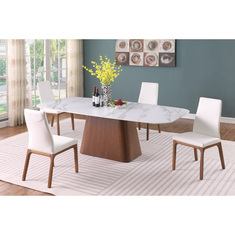 White Marbleized Stone Top Dining Table with Solid Wood Base and Chairs