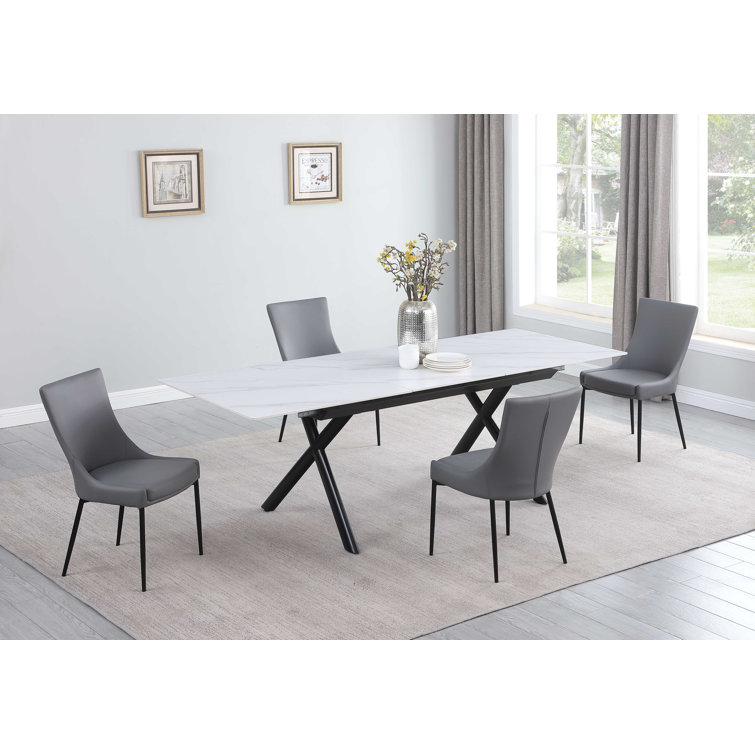 White Stone Top Extendable Dining Table with 4 Gray Upholstered Chairs
