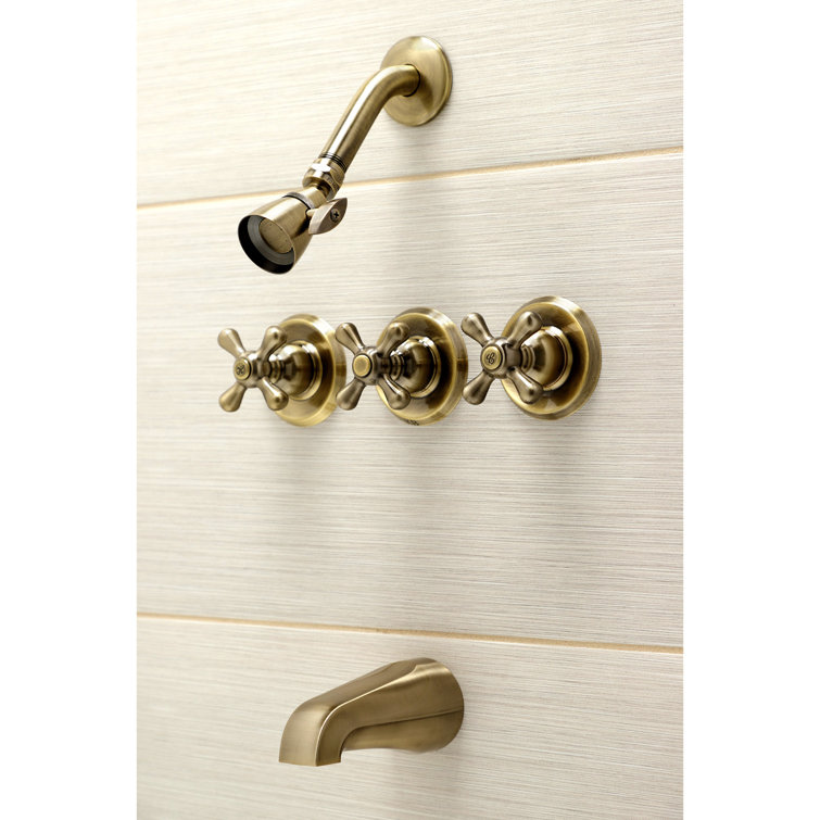 Antique Brass Victorian Triple-Handle Tub and Shower Faucet