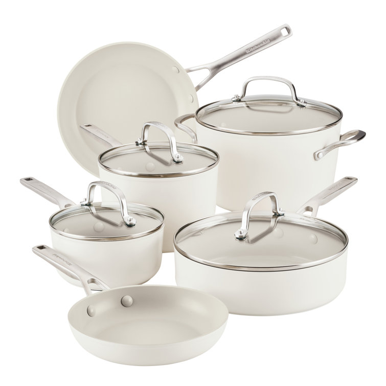 Porcelain White Ceramic Nonstick 10-Piece Cookware Set with Stainless Steel Handles