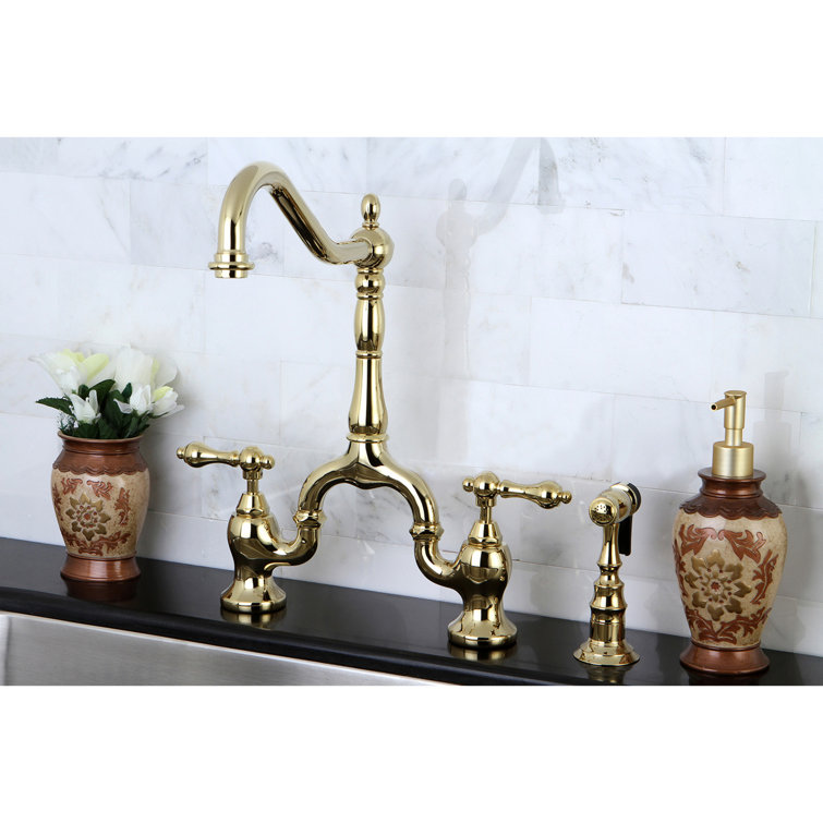 Polished Brass Traditional Bridge Kitchen Faucet with Pull-out Spray