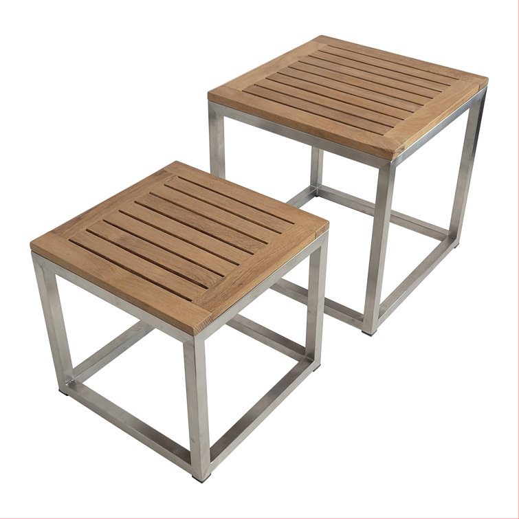 Square Teak and Metal Nesting Side Tables Set