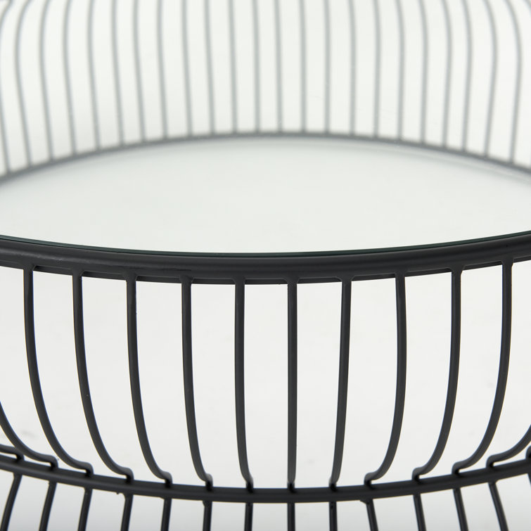 Round Black Iron Cage Coffee Table with Glass Top