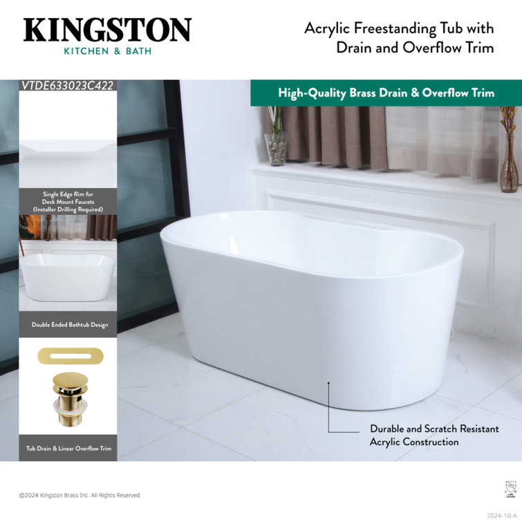 67-Inch White Acrylic Freestanding Tub with Polished Brass Drain