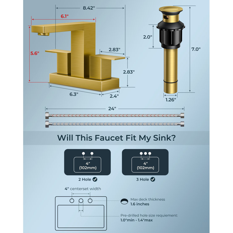 Brushed Gold Modern Centerset Bathroom Faucet with Drain Assembly
