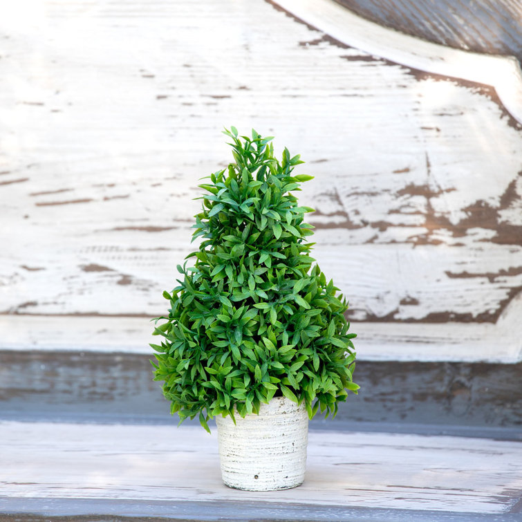 15" Green Faux Topiary in White Cement Pot