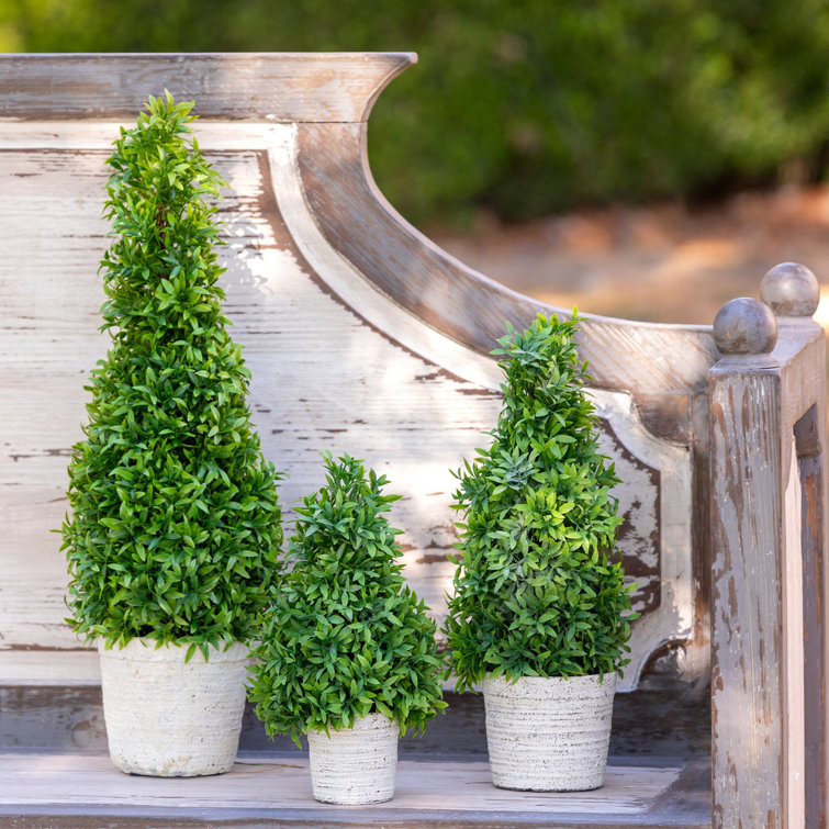 15" Green Faux Topiary in White Cement Pot