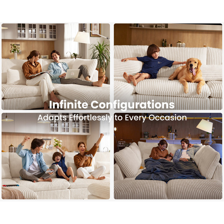 Oversized Beige Corduroy Sectional Sofa with Ottoman