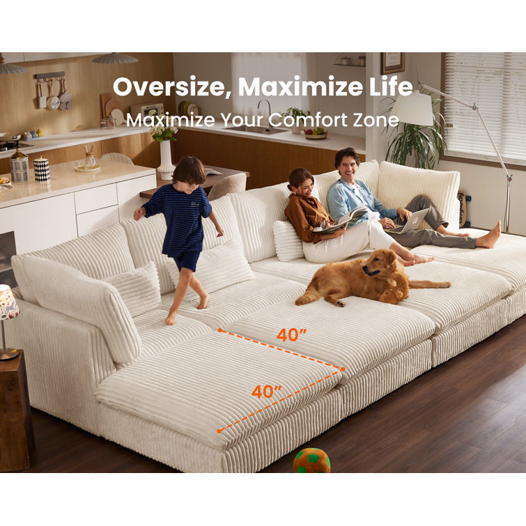 Oversized Beige Corduroy Sectional Sofa with Ottoman