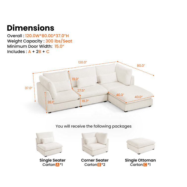 Oversized Beige Corduroy Sectional Sofa with Ottoman