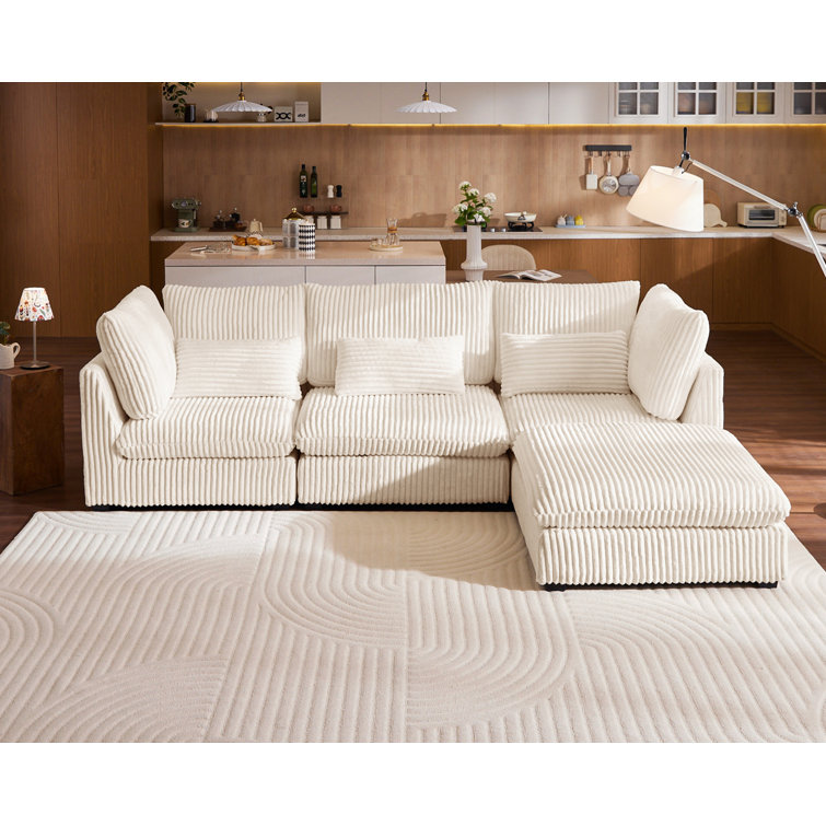 Oversized Beige Corduroy Sectional Sofa with Ottoman