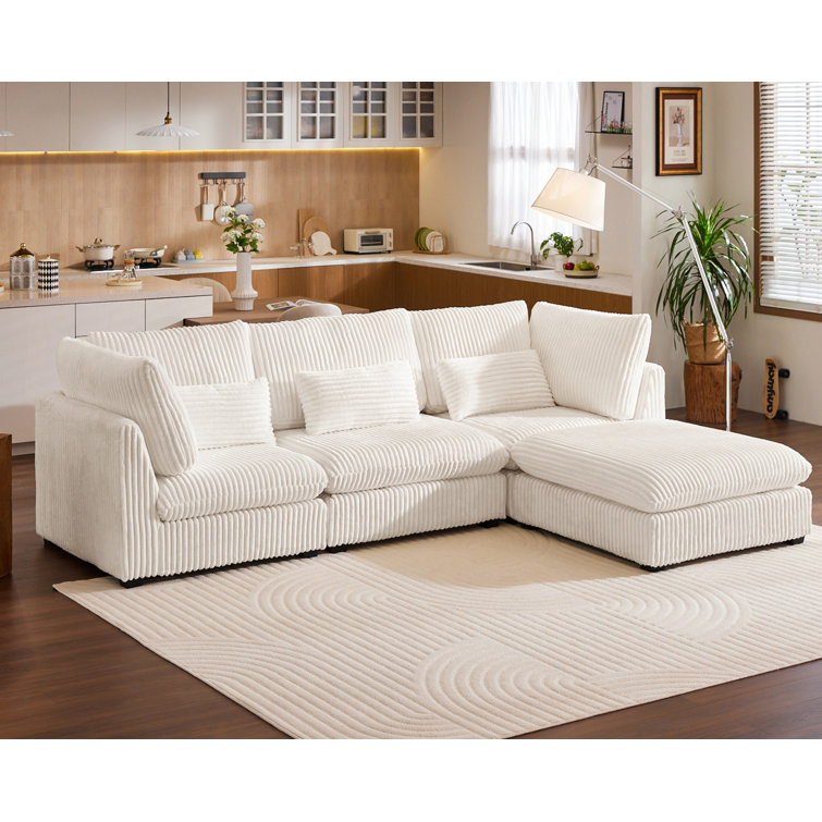 Oversized Beige Corduroy Sectional Sofa with Ottoman