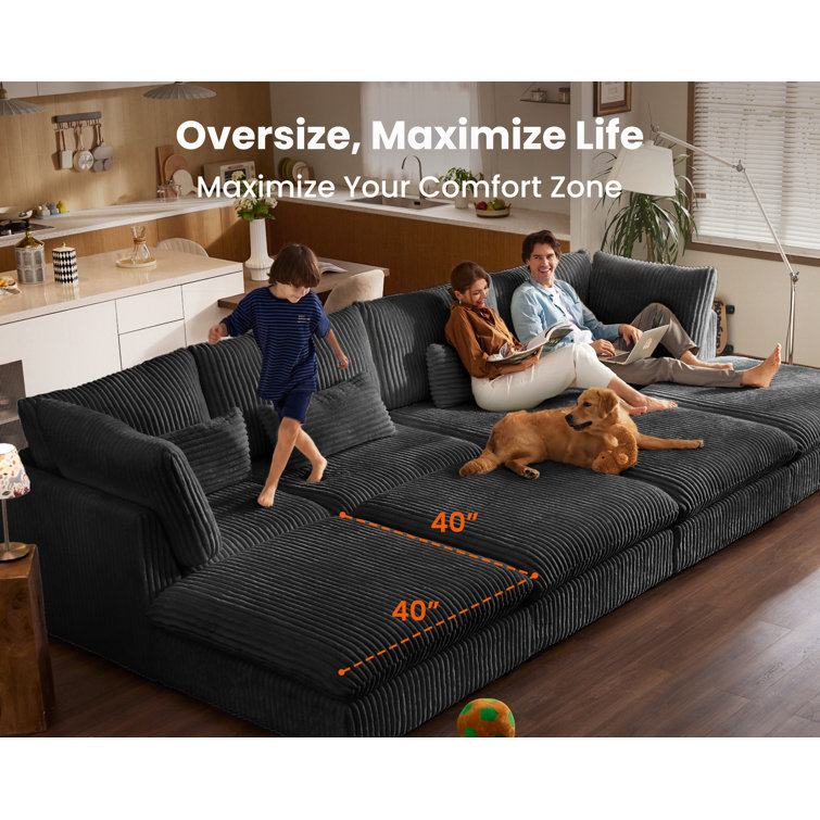 Oversized Black Corduroy Sectional Sofa with Ottoman and Wood Frame