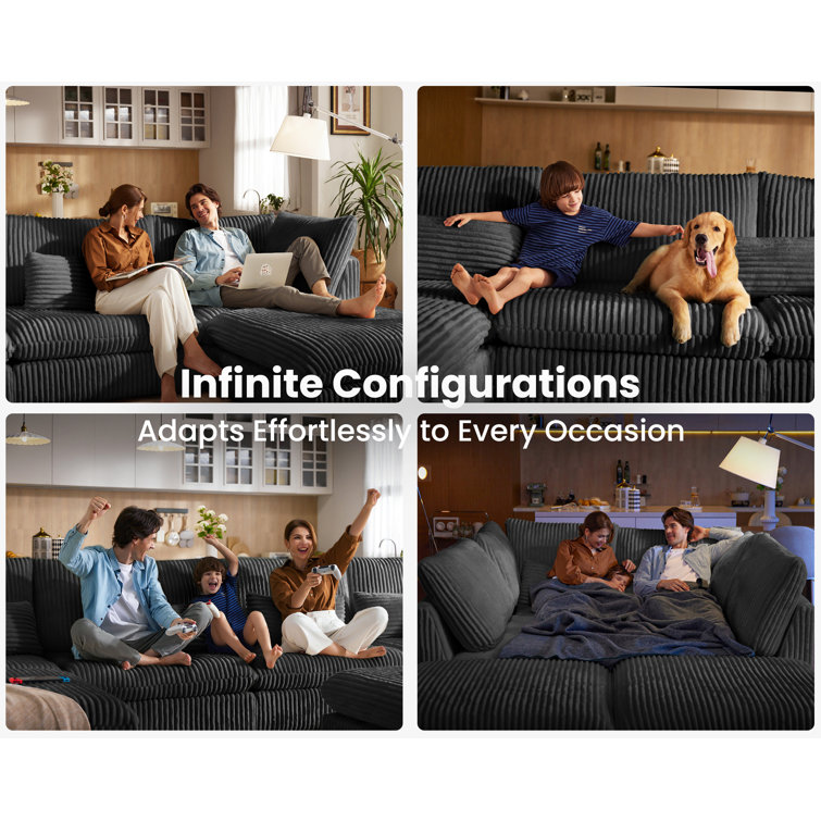 Oversized Black Corduroy Sectional Sofa with Ottoman and Wood Frame