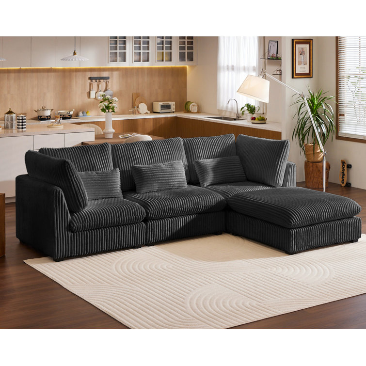 Oversized Black Corduroy Sectional Sofa with Ottoman and Wood Frame