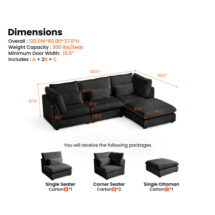 Oversized Black Corduroy Sectional Sofa with Ottoman and Wood Frame