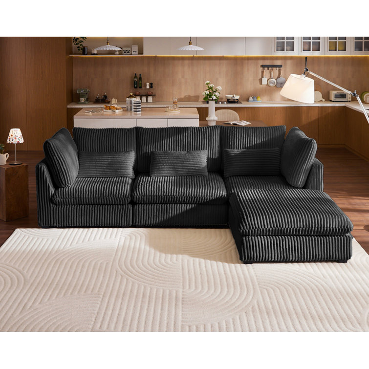 Oversized Black Corduroy Sectional Sofa with Ottoman and Wood Frame
