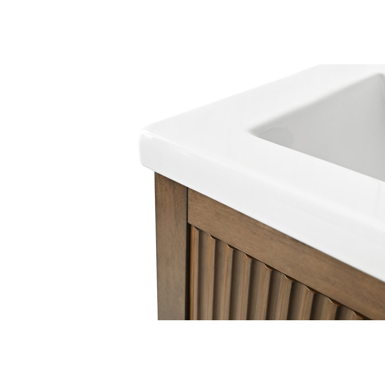 Walnut and White Ceramic Single Sink Bathroom Vanity Cabinet