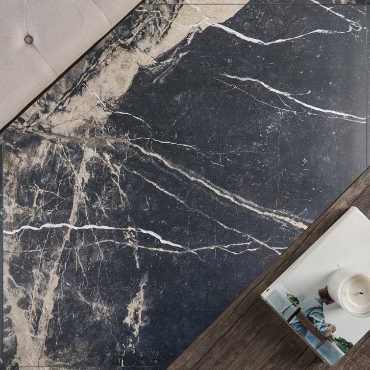 Large Black and Beige Marble Look Satin Porcelain Tile